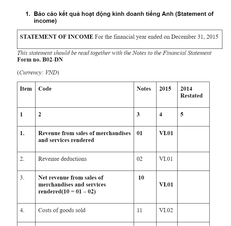 Financial statement template in English