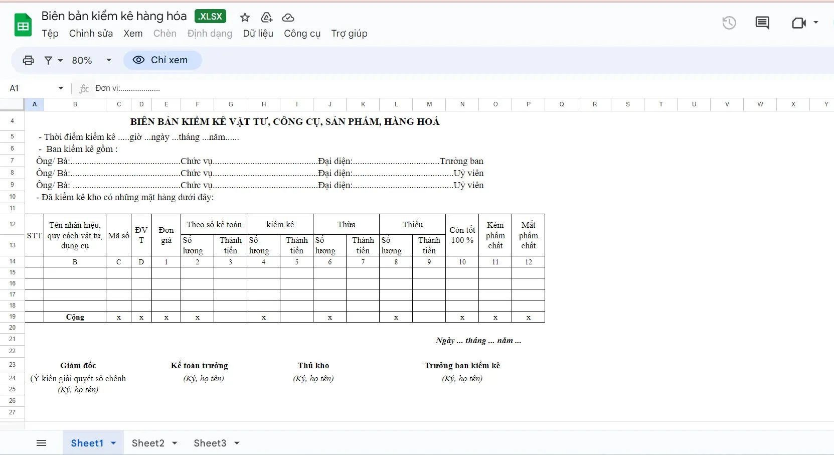 mẫu biên bản giao nhận hàng hóa Excel