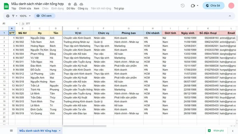 General Excel employee list template