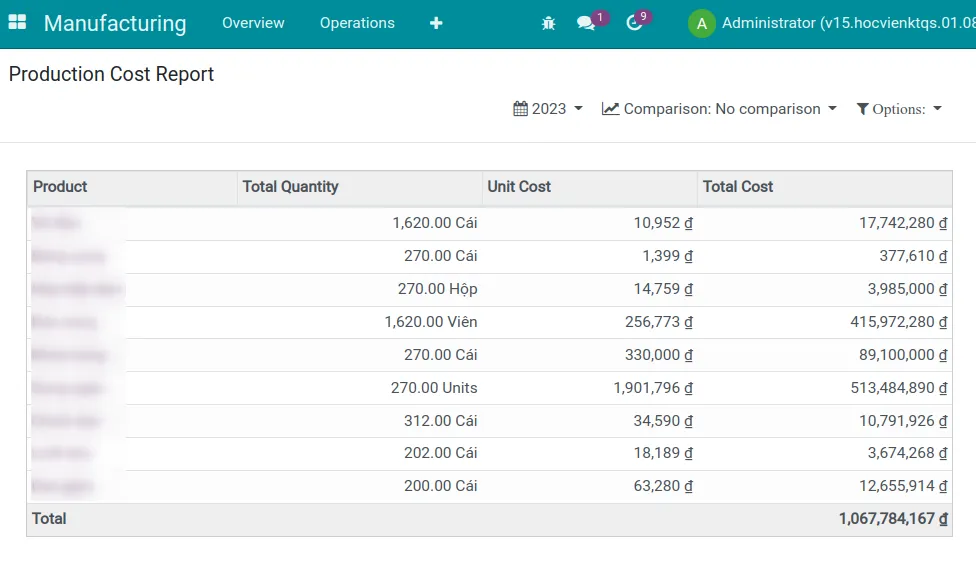 Manufacturing cost report - Viindoo software