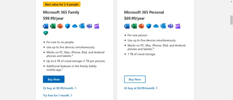 For only $9.99/month, you can sign up for a family plan of MS 365 for up to 6 people.